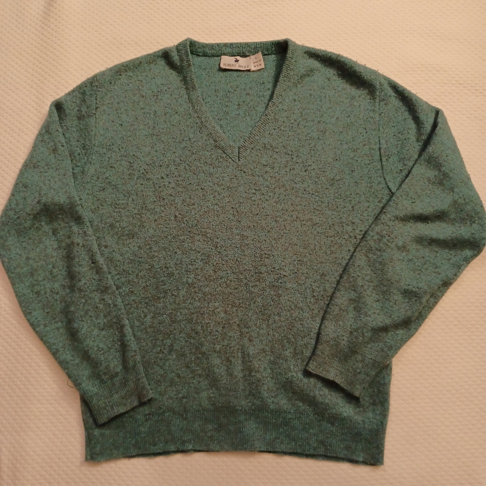 Vintage Robert Bruce Heathered Green V-Neck Sweater Men's Size Large
